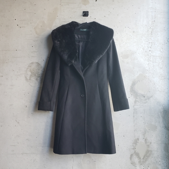 NWOT Ralph Lauren Faux Fur Collar Wool Coat -- Black (2 - XS/S) - Picture 2 of 8